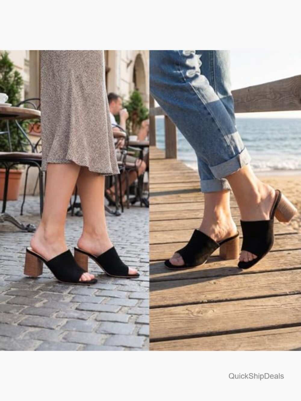 Faux Suede Heeled Sandals, Slip On Block Wedge, Open Toe Summer - Picture 5 of 7